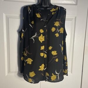 Chelsea & Theodore Shirt Women XL Black Yellow Floral Sleeveless Button Up Top